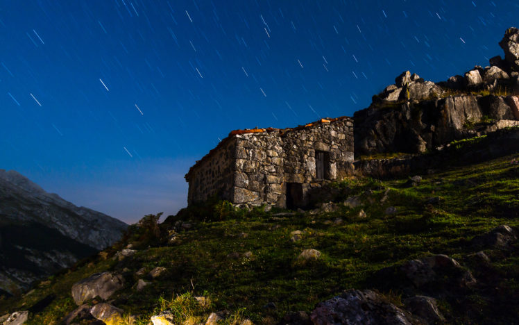 house, Stars, Night, Timelapse, Grass, Sky, Landscapes, Buildings, Ruins, Mountains HD Wallpaper Desktop Background