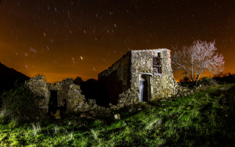 house, Stars, Night, Timelapse, Grass, Tree, Sky, Landscapes, Buildings, Ruins HD Wallpaper Desktop Background