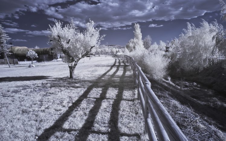 infrared, Landscape, Nature, Trees, Fence HD Wallpaper Desktop Background