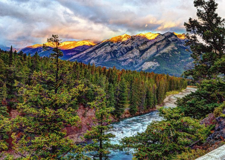 sunrise, Banff, Springs, Mountains, River, Trees HD Wallpaper Desktop Background