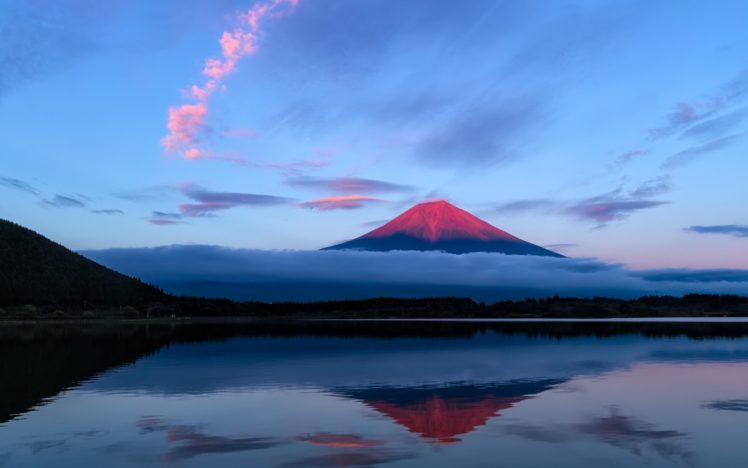 japan, Fuji, Evening, Mountain, Sky, Lake, Reflection, Clouds, Sunset, Sunrise, Clouds, Shore HD Wallpaper Desktop Background