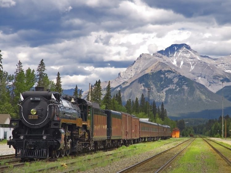 train, Railroad, Rails, Mountains, Locomotive, Banff, National, Park, Alberta, Canada HD Wallpaper Desktop Background
