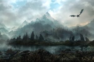 landscapes, Elder, Scrolls, Skyrim, Fantasy, Dragons, Flight, Mountains, Sky, Clouds