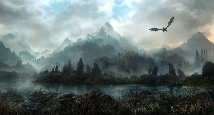 landscapes, Elder, Scrolls, Skyrim, Fantasy, Dragons, Flight, Mountains, Sky, Clouds HD Wallpaper Desktop Background