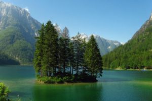 mountains, Nature, Island, Trees, Lake, Forest, Shore, Sky