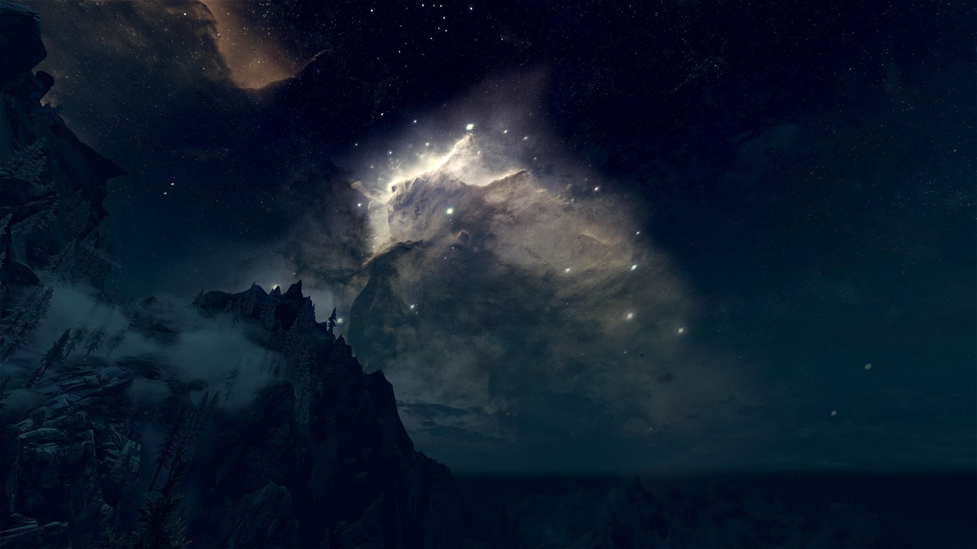 nebula, Stars, Night, Landscape, Sky, Mountains, Trees, Fog, Space Wallpaper