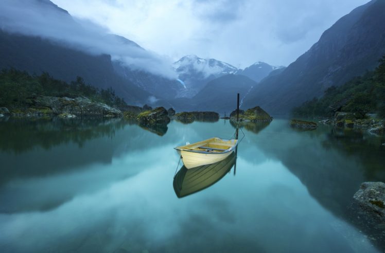 boat, Lake, Morning, Mountains, Rocks HD Wallpaper Desktop Background