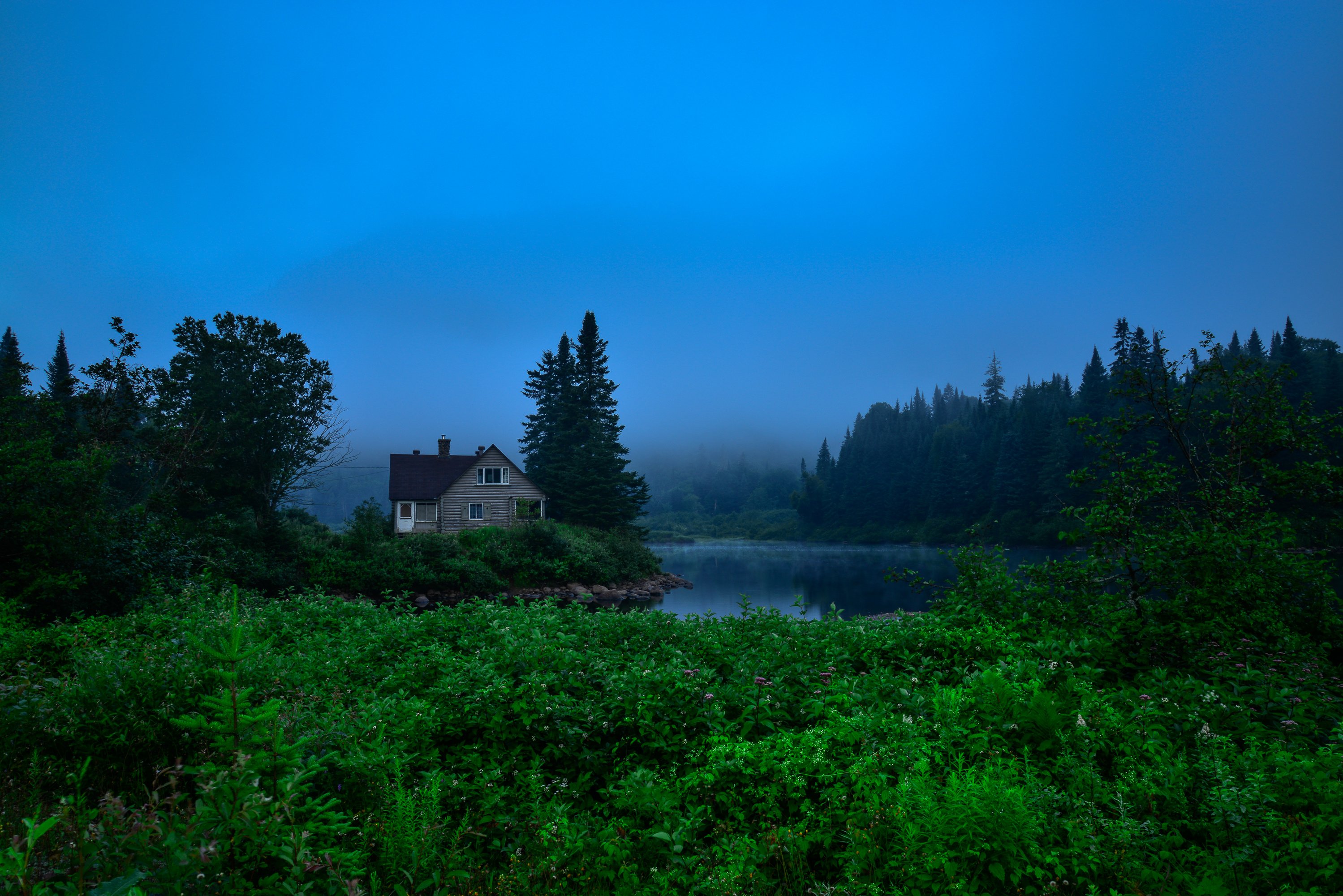 jacques, Cartier, National, Park, River, Trees, House, Fog, Landscape Wallpaper
