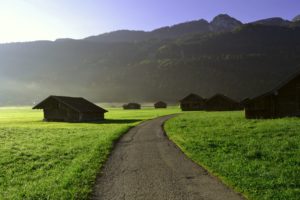 plain, Field, Track, Path, Sidewalk, House, Grass, Green, Dawn, Morning, Mountains, Hills, Forests, Trees, Sky, View, Landscape, Nature