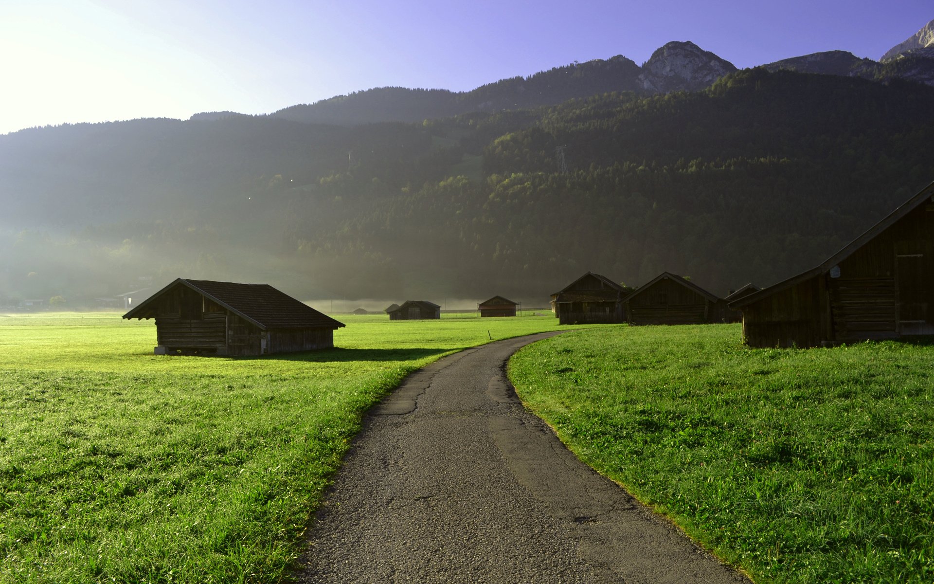 plain, Field, Track, Path, Sidewalk, House, Grass, Green, Dawn, Morning, Mountains, Hills, Forests, Trees, Sky, View, Landscape, Nature Wallpaper