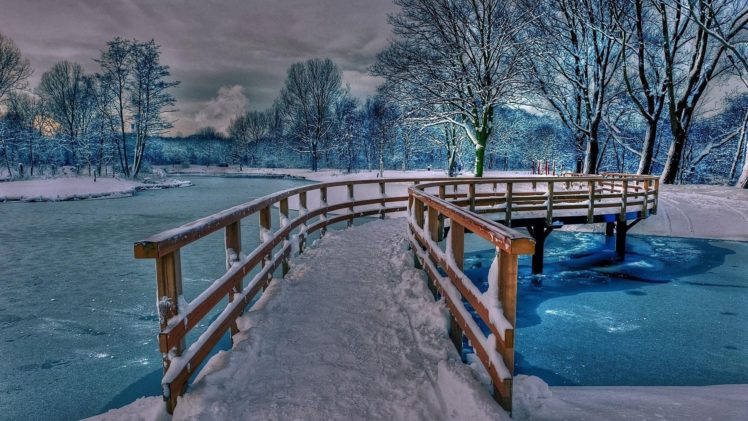 winter, Snow, Bridge, Beauty, Winter, Nature, River HD Wallpaper Desktop Background