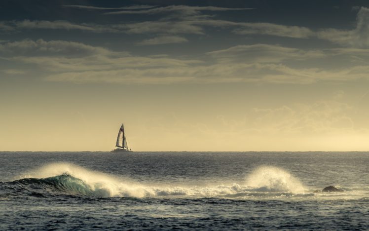 kauai, Hawaii, The, Pacific, Ocean, Ocean, Waves, Catamaran, Horizon, Boat, Sea HD Wallpaper Desktop Background