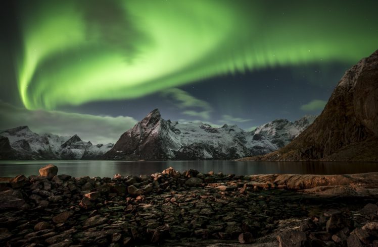 northern, Lights, Mountains, Night, Lofoten, Islands, Lake HD Wallpaper Desktop Background