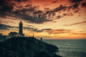 sea, Lighthouse, Night, Sunset, Nature