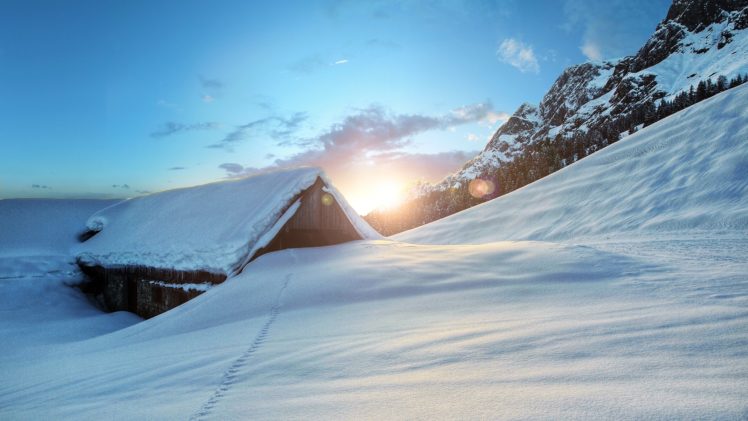 winter, Sunset, Mountain, House, Landscape, Barn, Rustic HD Wallpaper Desktop Background