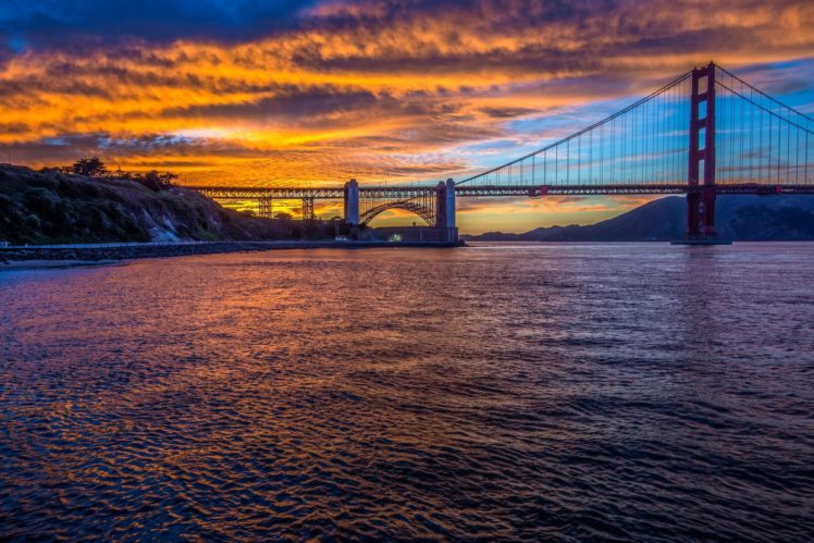 golden, Gate, Bridge, Usa, Evening, Sunset, Sky, Clouds, Sea, Water, Bridge, Landscape HD Wallpaper Desktop Background