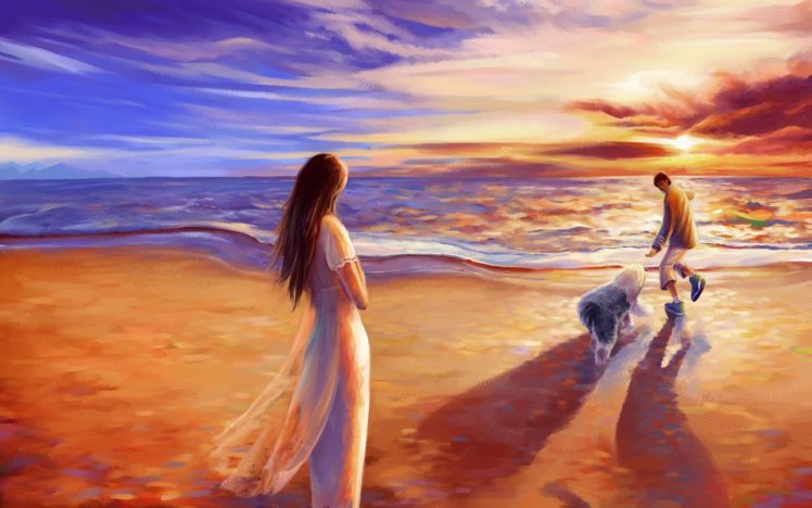 beach, Sea, Couple, Art, Dog, Paint HD Wallpaper Desktop Background