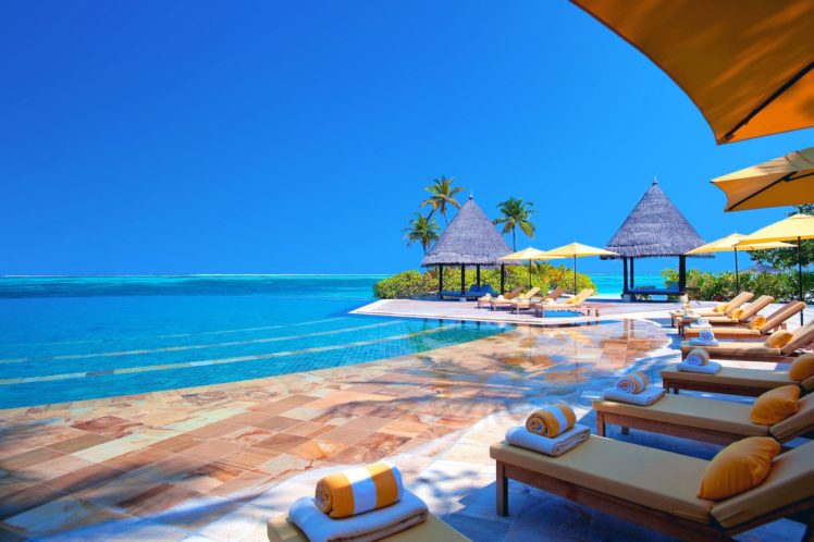 pool, Umbrella, Trestle bed, Ocean, Sky HD Wallpaper Desktop Background