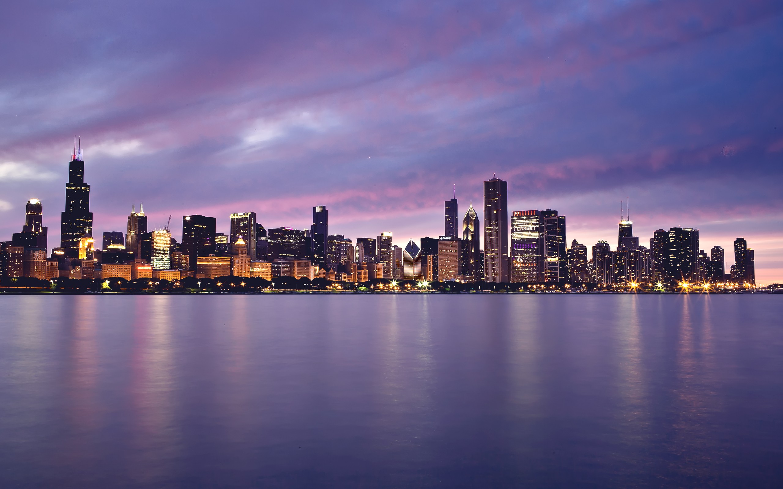 water, Cityscapes, Chicago, Dusk, Reflections Wallpaper