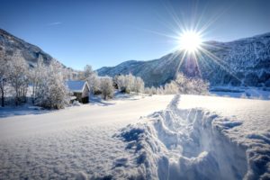 seasons, Winter, Mountains, Snow, Trees, Rays, Of, Light, Sun, Natur, Rustic, Farm, House, Barn