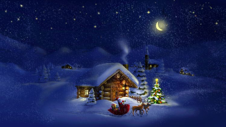 easons, Winter, Houses, Holidays, Christmas,  , New, Year,  , Deer, Snow, Moon, Christmas, Tree, Night, Santa, Claus, Nature HD Wallpaper Desktop Background