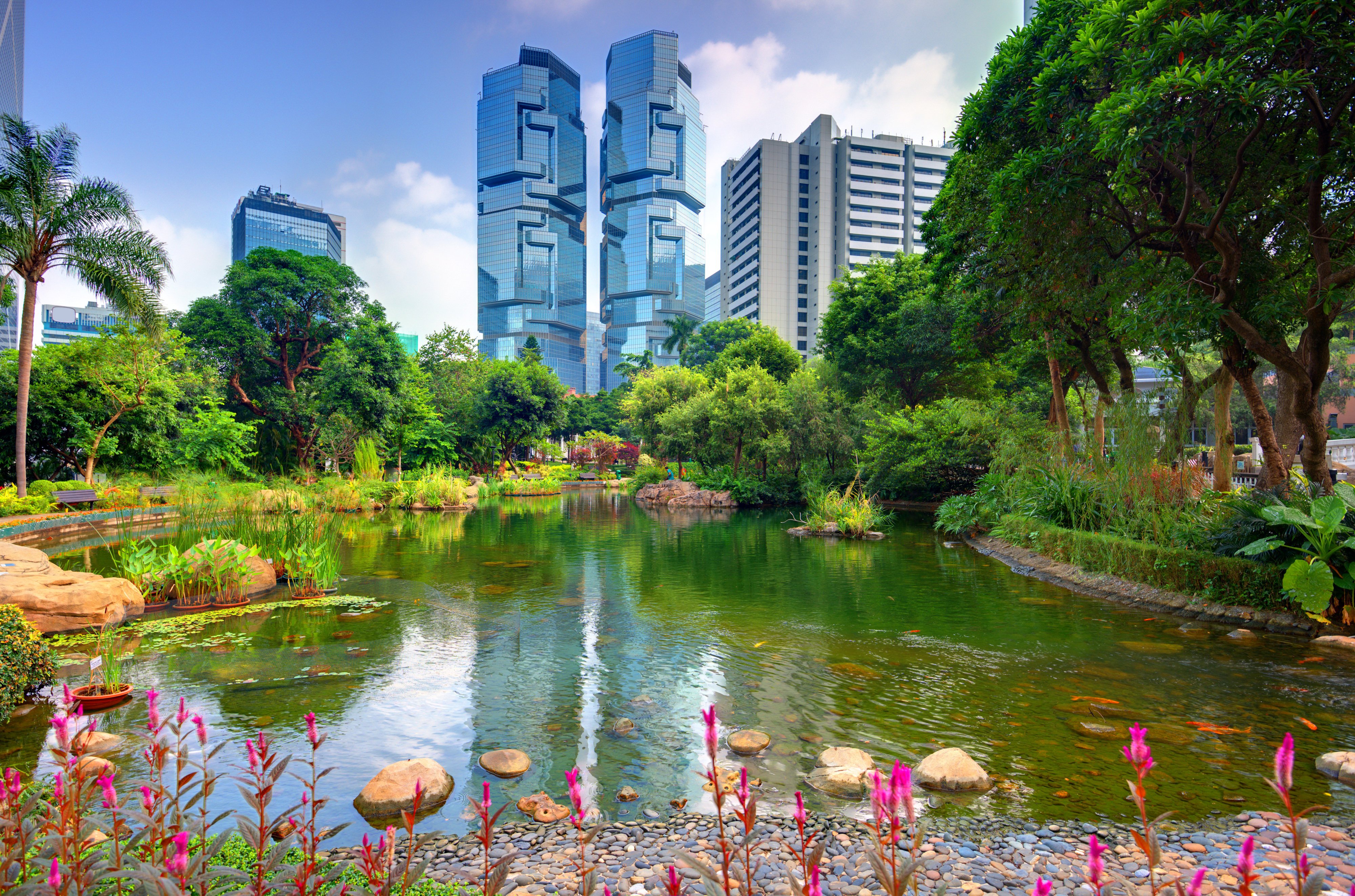 hong, Kong, House, Park, Pond, Trees, Nature, Garden, Architecture, Building, Skyscraper Wallpaper