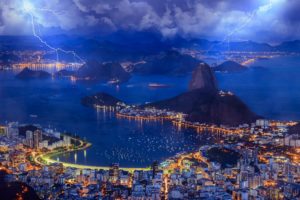brazil, Rio, De, Janeiro, Brazil, Rio, De, Janeiro, Bay, Evening, Sky, Clouds, Lightning, Lights, Sea, City, Storm, Rain