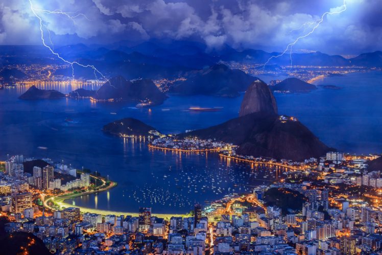 brazil, Rio, De, Janeiro, Brazil, Rio, De, Janeiro, Bay, Evening, Sky, Clouds, Lightning, Lights, Sea, City, Storm, Rain HD Wallpaper Desktop Background