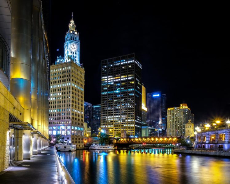chicago, United, States, City, Night, Lights, River, Reflection HD Wallpaper Desktop Background