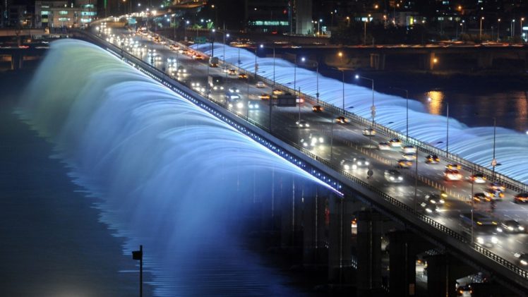 banpo, Bridge, Fountain, Seoul, South, Korea, Cars, Traffic, Night, Lights, Spray, Drops HD Wallpaper Desktop Background