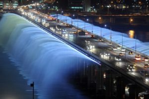banpo, Bridge, Fountain, Seoul, South, Korea, Cars, Traffic, Night, Lights, Spray, Drops