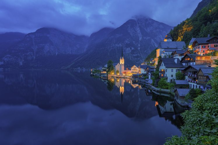 hallstatt, Austria, Austria, Reflection, Mountain, Lake, Water, Cities, Houses, Night, Dusk, Fog, Boat, Nature, Landscape, Night, Sunset, Lights HD Wallpaper Desktop Background