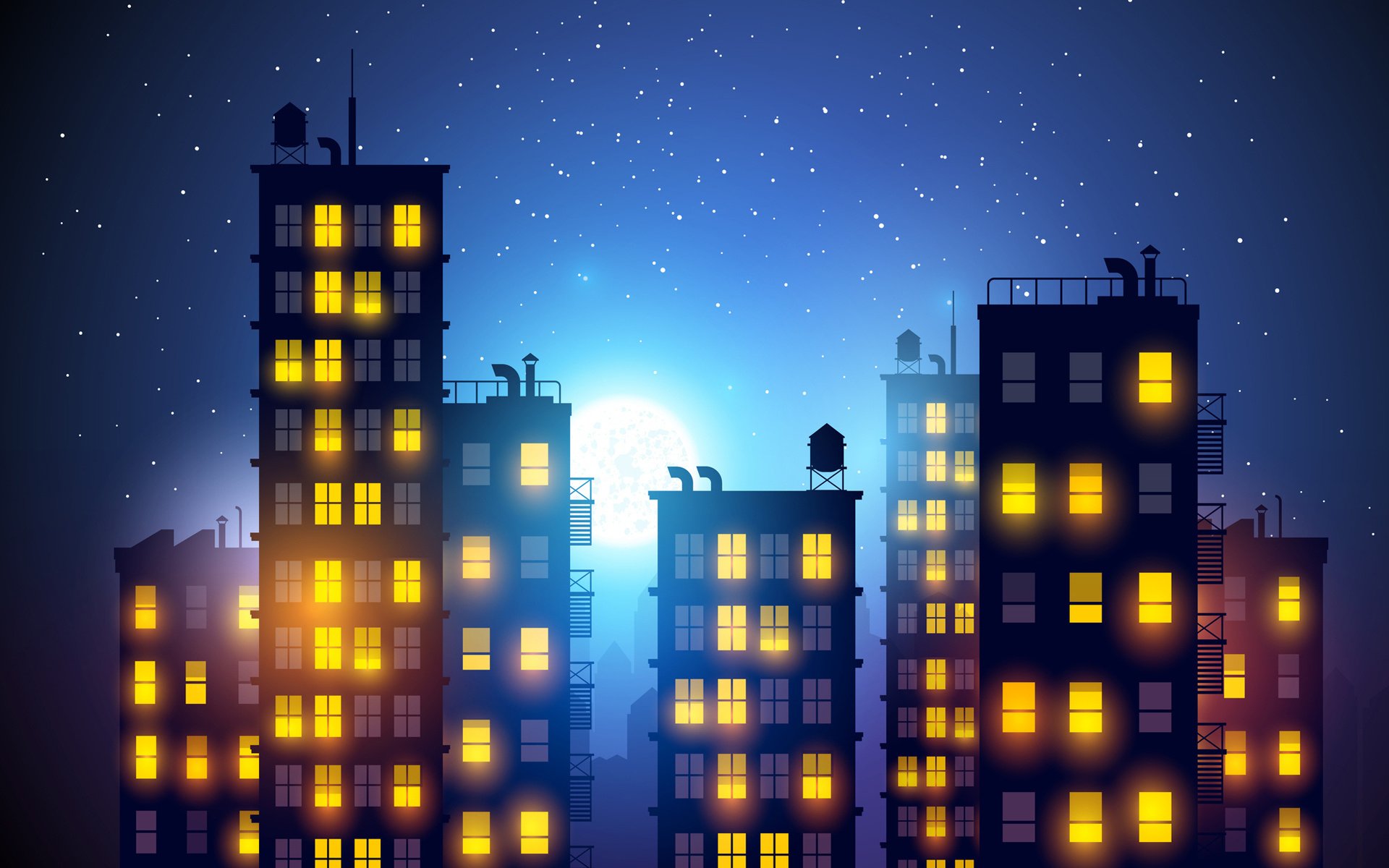 city, Light, Night, Drawing, Romance, Artwork, Building, Vector, Lights, Stars, Sky, Bokeh Wallpaper
