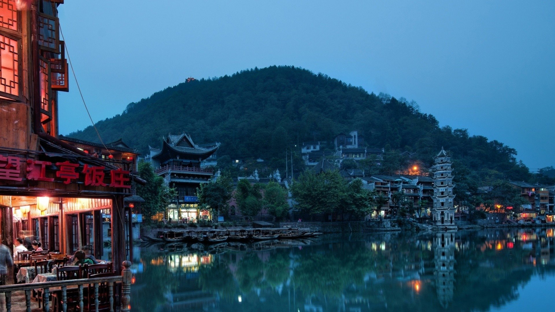 china, House, Buildings, Hills, Trees, Lake, Water, Night, Sunset, Lights, City, Landscape, Reflection, Town, Asian, Oriental, Village Wallpaper