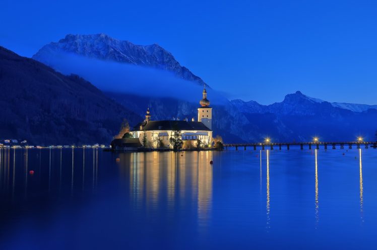 gmunden, Austria, Lake, Water, Mountains, Snow, Night, Sunset, Church, Lights, Dock, Nature, Landscape, Cathedral, Reflection, Bridge HD Wallpaper Desktop Background