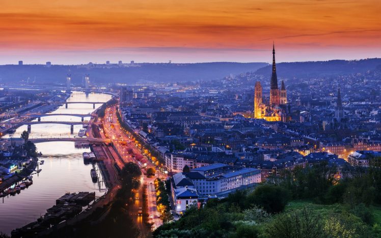 rouen, France, Normandy, Cathedral, House, Road, Light, Sunset, Evening, Trees, River, Water, Landscape, City, Bridge HD Wallpaper Desktop Background
