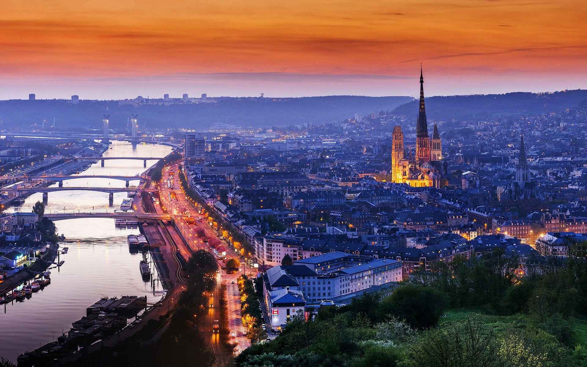 rouen, France, Normandy, Cathedral, House, Road, Light, Sunset, Evening, Trees, River, Water, Landscape, City, Bridge Wallpaper