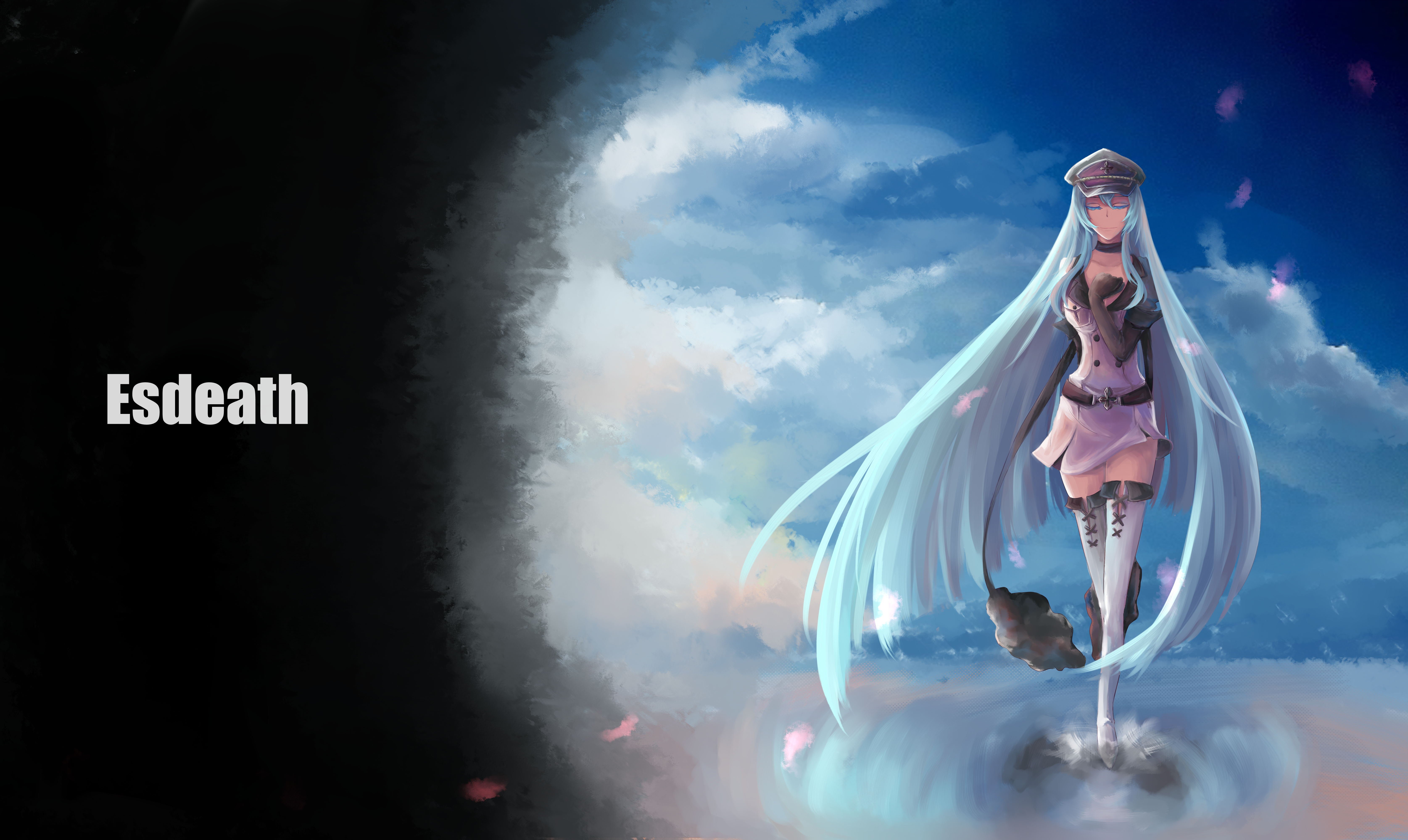 akame, Ga, Kill , Aqua, Hair, Clouds, Elbow, Gloves, Esdeath, Long, Hair, Petals, Sixteentime, Sky, Thighhighs, Water Wallpaper