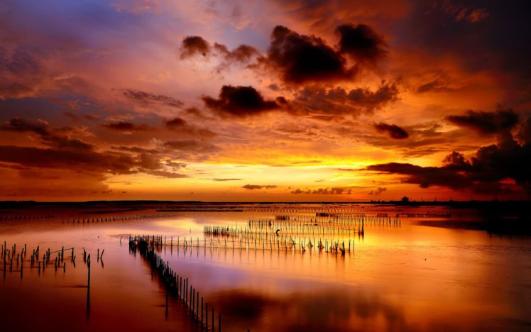 sunset, Sea, Columns, Rows, Clouds, Ocean, Lakes, Reflection, Sky, Clouds, Color, Sunrise HD Wallpaper Desktop Background