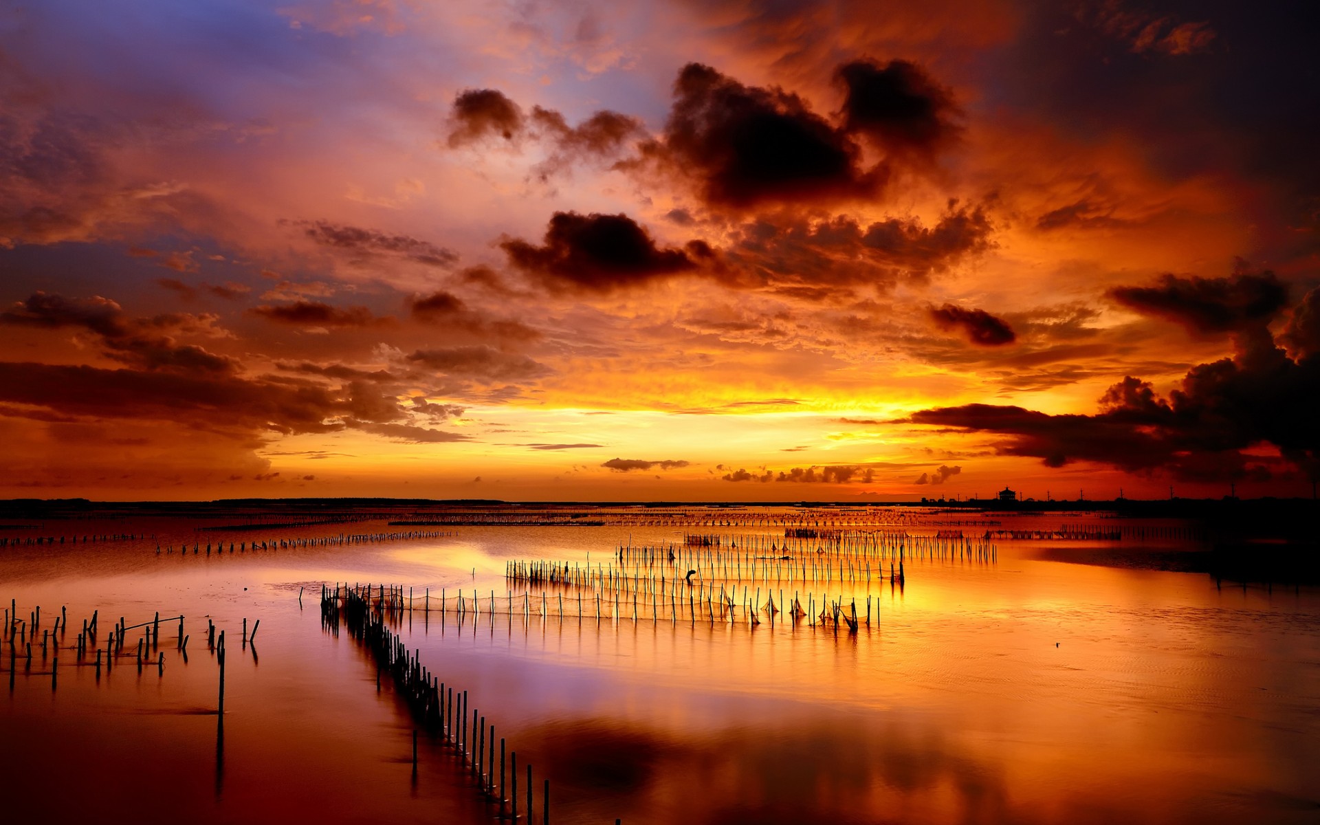 sunset, Sea, Columns, Rows, Clouds, Ocean, Lakes, Reflection, Sky, Clouds, Color, Sunrise Wallpaper