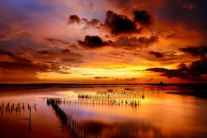sunset, Sea, Columns, Rows, Clouds, Ocean, Lakes, Reflection, Sky, Clouds, Color, Sunrise