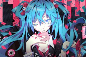 aqua, Eyes, Aqua, Hair, Blood, Chain, Hatsune, Miku, Litsvn, Long, Hair, Necklace, Twintails, Vocaloid, Wink