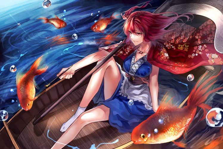 animal, Boat, Dress, Fish, Necklace, Onozuka, Komachi, Red, Eyes, Red, Hair, Scythe, Short, Hair, Smoking, Socks, Touhou, Uu, Uu, Zan, Water, Weapon HD Wallpaper Desktop Background