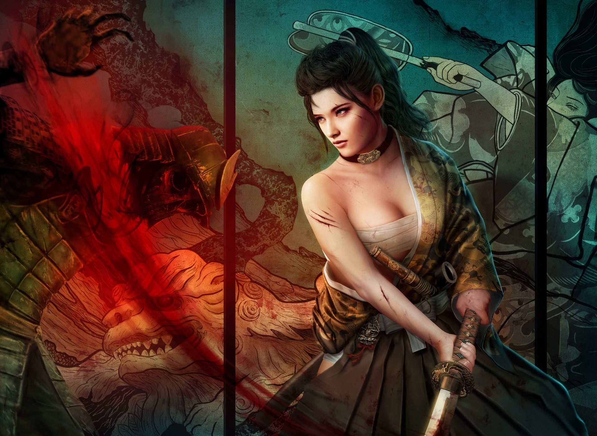 warriors, Fantasy, Girls, Weapons, Sword, Katana, Cleavge, Women, Females, Brunettes Wallpaper