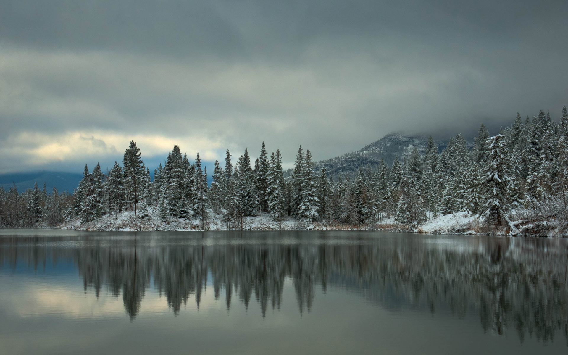 water, Lakes, Reflection, Trees, Shore, Forest, Winter, Snow, Sky, Clouds, Fog Wallpaper