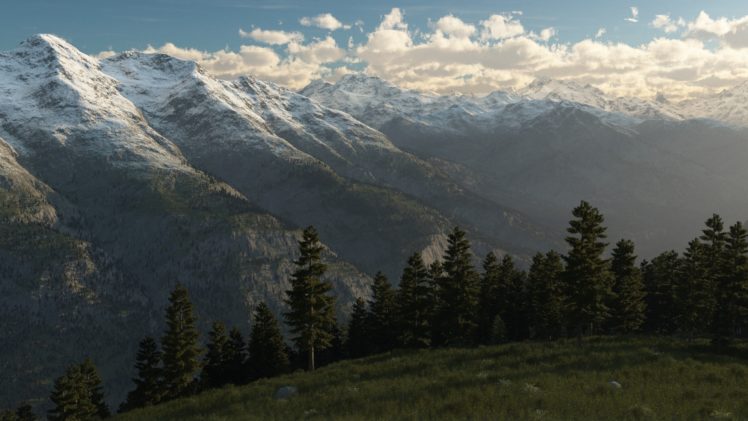 trees, Landscape, Ridge, Hill, Art, Peaks, Snow, Mountains, Sky, Clouds, Forest HD Wallpaper Desktop Background