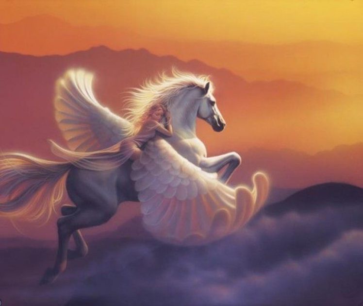 pegasus, Horse, Wing, Girl, Fantasy, Unicorn, Sky, Cloud, Sky, Sunset HD Wallpaper Desktop Background