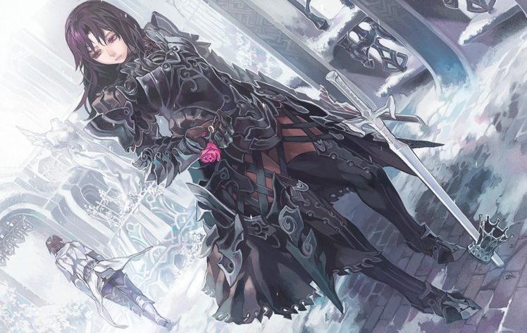 warrior, Roses, Aoin, Armor, Swords, Anime, Fantasy, Girls, Sword, Original, Gothic HD Wallpaper Desktop Background