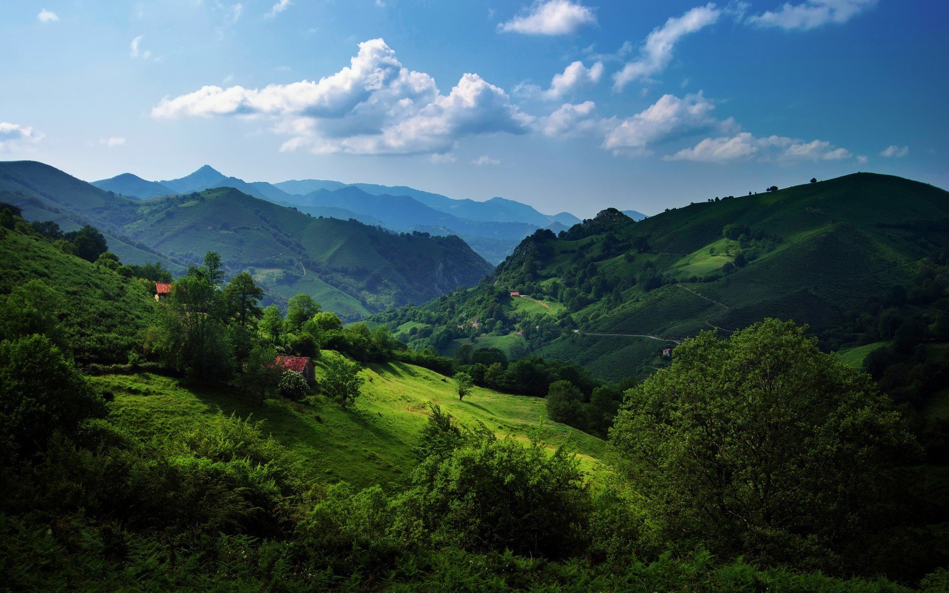 clouds, Landscapes, Mountains, Trees Wallpaper