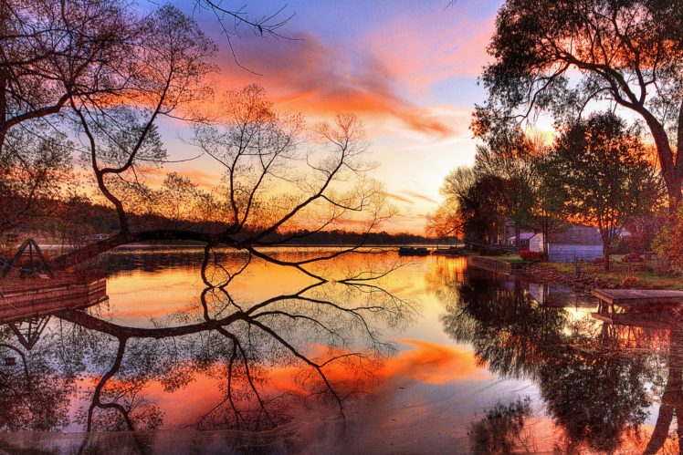 river, Sunset, Sky, Tree, Coast HD Wallpaper Desktop Background